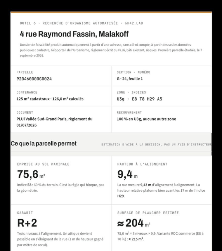 Première page du dossier d’urbanisme produit automatiquement pour une parcelle de Malakoff