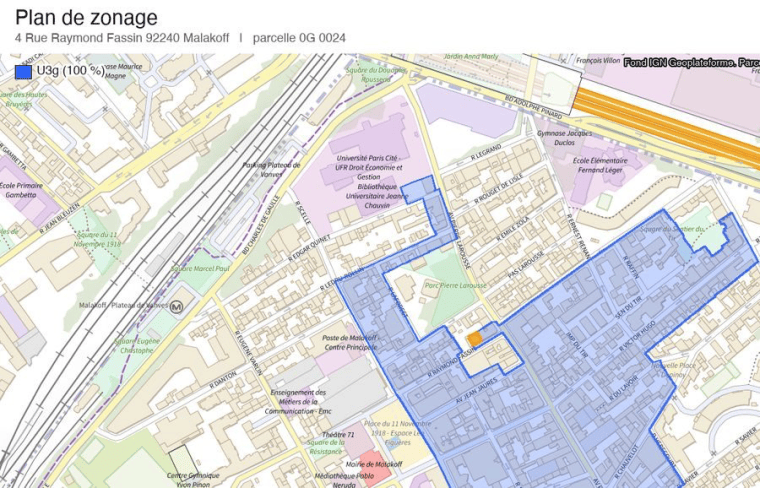 Plan de zonage généré automatiquement : la parcelle en orange dans la zone U3g