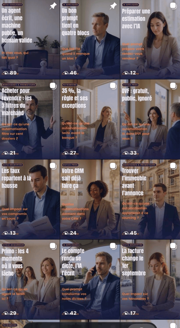 La grille du compte Instagram @6h42.immo, un carrousel par jour